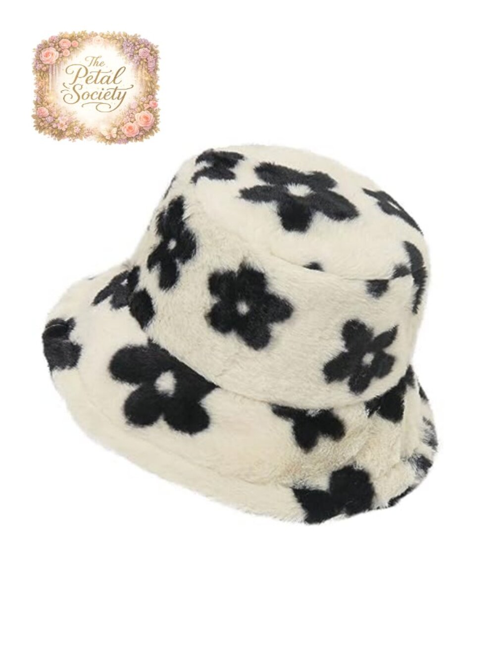 Faux Fur Plush Bucket Hat Warm Floral Fisherman Cap for Women Outdoor